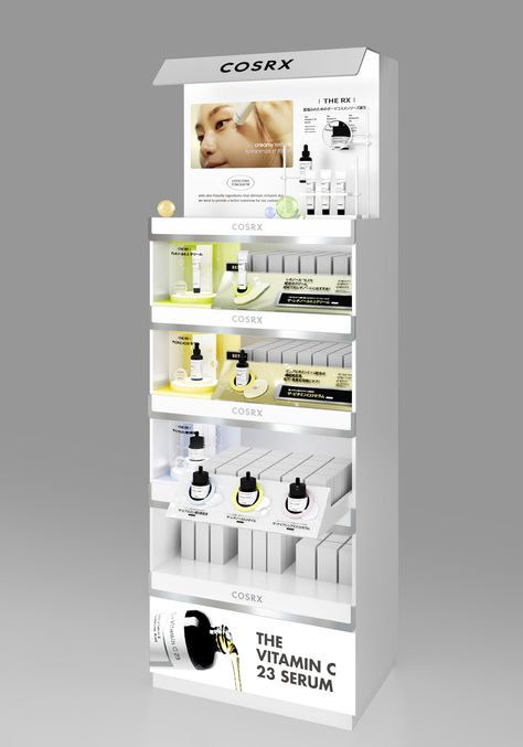 Design Renewal Promotion Shelf for COSRX – Design Appetizer Salad Product Shelf Design, Product Shelf Display Retail, Pos Display Design Creative, Pop Display Design, Visual Marketing Display, Skin Care Display, Shelf Display Ideas, Display Shelf Design, Cosmetic Shelf