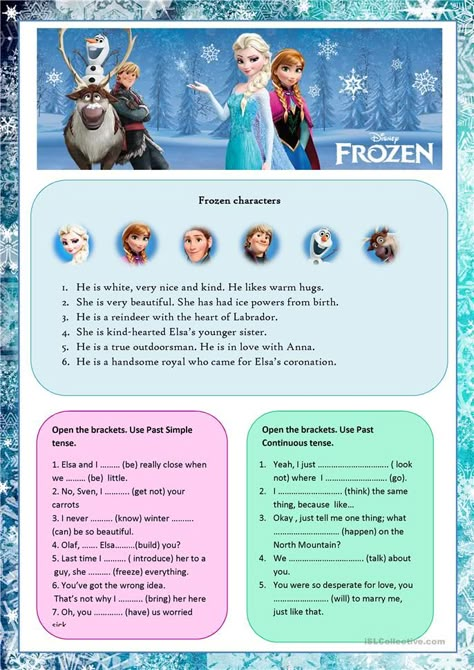 Frozen - English ESL Worksheets for distance learning and physical classrooms Frozen Activity Sheets, Frozen Worksheets, Frozen Activities, Frozen Cartoon, Esl Reading, English Grammar Tenses, Past Simple, English Exercises, Christmas Worksheets