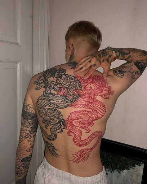 Black Red Tattoo, Dragon Tattoo Back, Red Dragon Tattoo, Cool Back Tattoos, Dragon Tattoos For Men, Torso Tattoos, Full Arm Tattoos, Full Back Tattoos, Back Tattoos For Guys