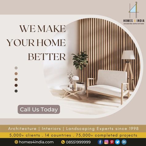 We make sure your interior design perfectly reflects your personality and your way of life. At Homes4India, we have been bringing joy and satisfaction to each of our 5,000+ clients since 1997, and we're still going strong. Call us today on 08551999999 or visit us at homes4india.com to explore our interior designs, architectural & landscaping services. #homedecor #homedesign #interiors #interiordesigner #architecture #landscaping #homes4india #homesforindia Secret Compartment Furniture, Cozy Interior Design, Real Estate Marketing Design, Creative Interior Design, Real Estates Design, Studio Interior Design, Studio Interior, Interior Design Companies, Cozy Interior