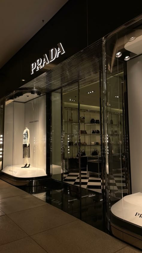 Rich Stores Aesthetic, Luxury Stores Aesthetic, Designer Stores Aesthetic, Instagram Famous Aesthetic, Prada Store Aesthetic, Designer Store Aesthetic, Prada Building, Luxury Brand Store, Clothing Store Decor