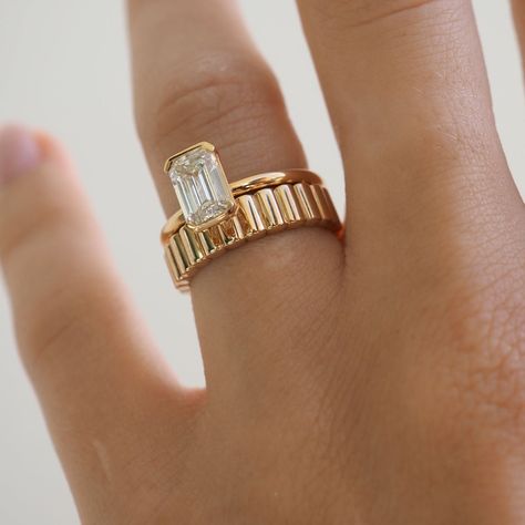 Yellow Gold Stacked Wedding Rings, Two Stone Engagement Ring Stack, Different Wedding Ring Styles, Ribbed Wedding Band, Thick Wedding Band With Engagement Ring, Ring Band Styles, Wedding Band Stack Ideas, Thick Wedding Band, Unique Gold Engagement Rings