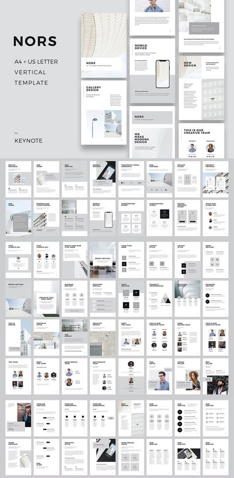 A clean and modern keynote template with a vertical layout that's perfect for presentations that will be printed on A4 or US Letter paper. The template includes a variety of slide layouts, master slides, and color themes to help you create a professional and visually appealing Vertical Presentation Design, Digital Presentation, Black Branding, Startup Presentation, Style Guide Template, Indesign Layout, Catalogue Layout, Keynote Design, Interior Design Template