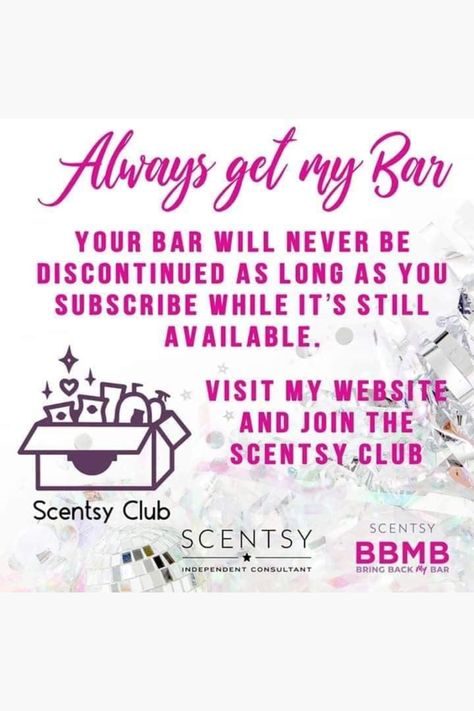 Did you know you can keep those beloved, discontinued wax bars forever? That’s right, with Scentsy Club’s Always Get My Bar programme, you can continue enjoying your favourite scents for as long as you want! 🌟

🌸 Keep your beloved fragrances
🌸 Never worry about missing out on discontinued favourites
🌸 Personalised just for you, delivered to your door

Imagine the joy of having those cosy scents in your home year after year. It's your scent, your way, forever! ✨ Scentsy Post Ideas 2024, Scentsy Club, Join Scentsy, My Bar, Scentsy Consultant, Favorite Scents, Run Out, Knowing You, No Worries