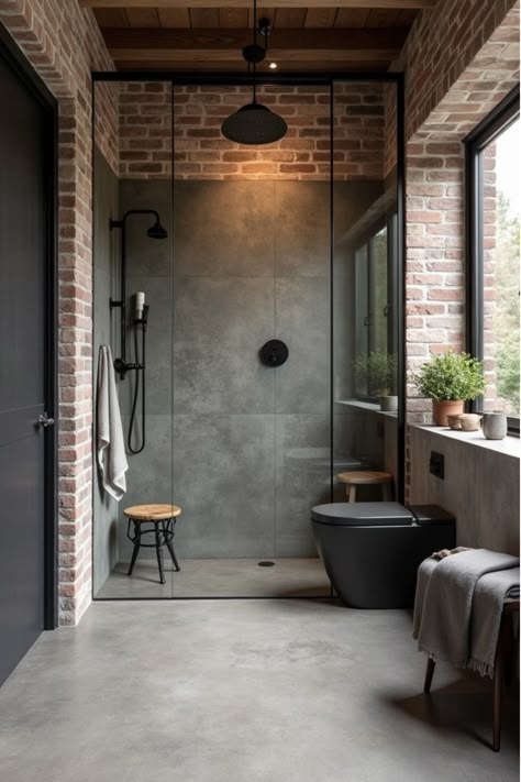 Industrial bathroom with polished concrete waterproof flooring, brick wall, and black framed shower Concrete Tile Shower Walls, Concrete Walk In Shower Ideas, Bathroom Ideas Loft, Cement Showers, Concrete Walls Bathroom, Bathrooms With Brick Walls, Concrete Wood Bathroom, Concrete Style Bathroom, Cement Shower Floor