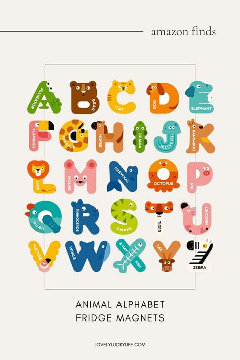 this alphabet letter set of fridge magnets was an easter basket find for my 3 year old but our 6 year old is definitely playing with them more Happy New Year Calligraphy, Abc Illustration, Learning For Toddlers, Abc Animals, Magnets For Fridge, Abc Learning, Alphabet Magnets, Holiday Fonts, Learning Abc