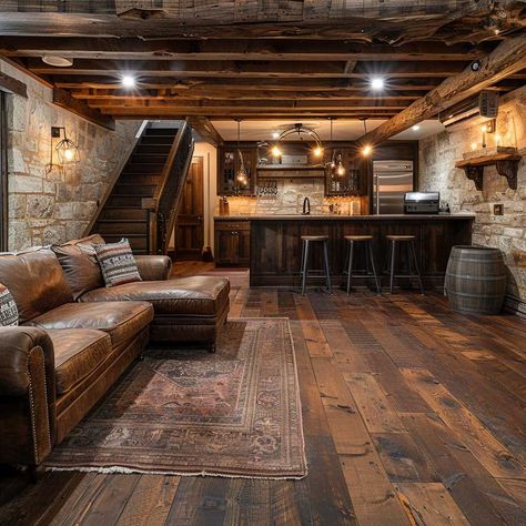 Cabin Theme Basement, Basement Interior Design Ideas, Mancave Living Room Ideas, Crazy Basement Ideas, Western Basement Bar, Basement Hardwood Floors, Stone Basement Ideas, Custom Basement Ideas, Lodge Style Basement