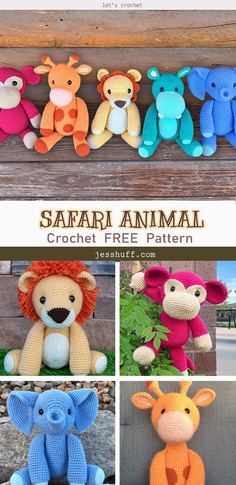 Safari Animal Amigurumi Free Crochet Pattern Crochet Sloth, Crochet Toys Free Patterns, Animal Amigurumi, Crochet Lion, Giraffe Crochet, Crochet Toys Free, Crochet Animal Amigurumi, Animal Crochet, Crochet Cow