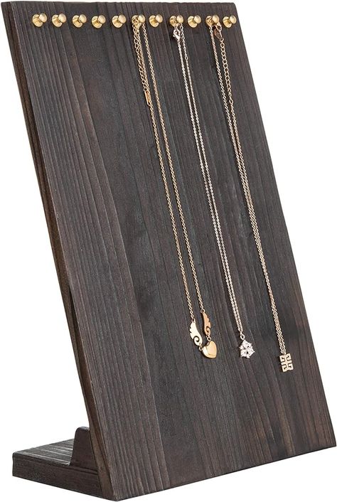 Amazon.com: MyGift 12-Inch Rustic Brown Solid Wood Multiple Necklace Holder Stand, Freestanding Jewelry Stand Chain Organizer Display Rack with 11 Brass-Tone Peg Hooks : Clothing, Shoes & Jewelry Wood Necklace Stand, Wood Necklace Holder, Necklace Holder Stand, Hold Necklaces, Display Necklaces, Vanity Space, Necklace Jewelry Display, Wood Jewelry Display, Peg Hooks