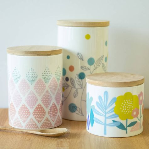 Beautiful Scandinavian style canisters with a fresh design.These sturdy ceramic canisters are perfect storage for tea, coffee, sugar, hot chocolate, marshmallows, you name it! We adore their mismatched design and tight fitting lid. Three designs to pick from, each in a different size. We also sell matching ceramic mugs, check our other listings. We wouldn't recommend washing these in the dishwasher.Ceramic and woodDiameter: 10 cm Height: Small - 11.5cm, Medium 14.5cm, Large 17.5cm Paint Storage Containers, Kitchen Cannisters, Ceramic Storage, Diy Coffee Bar, Sugar Storage, Ceramic Canisters, Kitchen Interiors, Ceramic Canister, Stoneware Dinnerware Sets