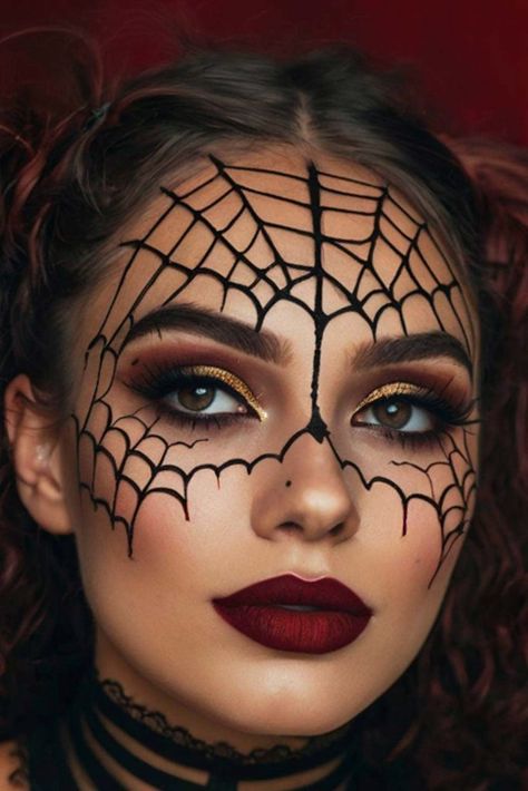 Newest Halloween Makeup Ideas To Complete Your Look ★ Simple Face Makeup For Halloween, Spider Makeup Halloween, Halloween Glam Makeup, Spider Web Makeup, 2024 Makeup, Maquillage Halloween Simple, Beautiful Halloween Makeup, Spider Makeup, Halloween Makeup Witch