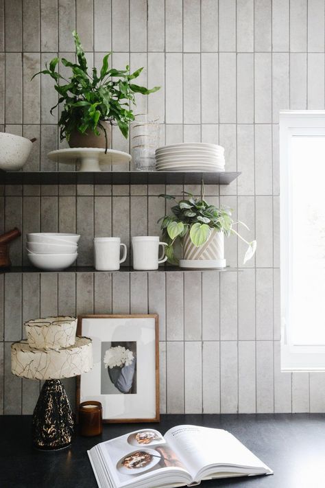 Mid Century Farmhouse Kitchen, Vertical Tile Kitchen, Vertical Subway Tile Kitchen, Mid Century Backsplash, Kitchen Townhouse, Ottawa House, Wall Tiles Kitchen, Midcentury Kitchen, Dry Kitchen