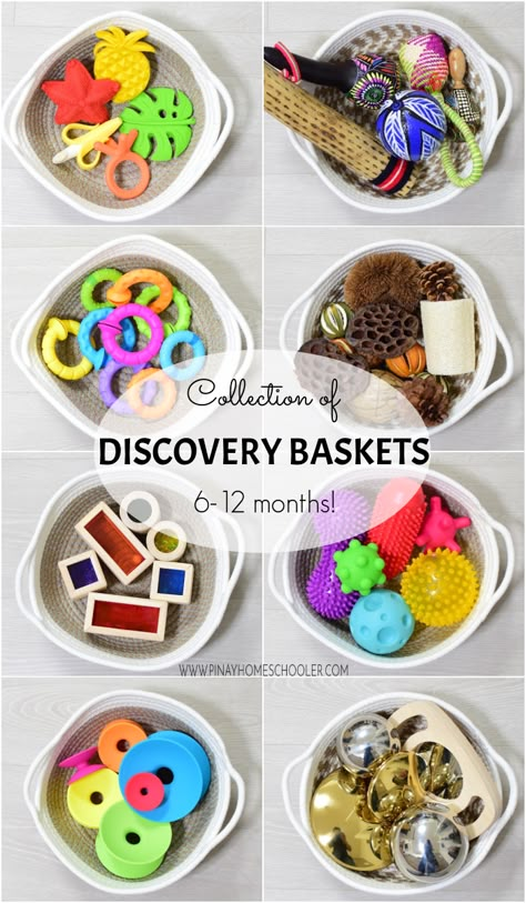 Sensory Bin 6-12 Months, Montessori Discovery Basket, 6 Months Montessori Activities, 6-12 Month Sensory Activities, Sensory Bin 8 Month Old, 6 Month Old Art Projects, Montessori Treasure Basket, Diy Montessori Toys 3-6 Months, Sensory Basket Ideas