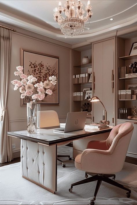 Feminine Home Office Classy, Pink And Green Decor, Girl Home Office, Feminine Office Space, Feminine Home Office, Feminine Home Office Ideas, Feminine Home, Girl Office, Elegant Home Office