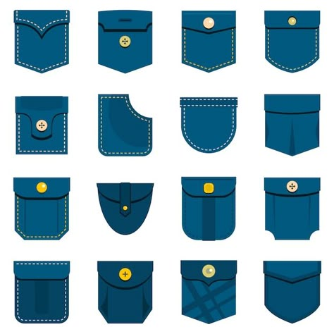 Pocket types icons set in flat style | Premium Vector #Freepik #vector #jeans-pocket #denim #jeans-pants #denim-jeans Mens Shirt Pocket Design, Latest Male Senator Designs, Different Pockets Types, Male Pocket Design, Pocket Designs Fashion, Senator Pocket Styles, Types Of Pockets Fashion, Pocket Design Fashion Style, Senator Pocket Designs