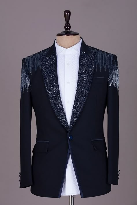 Buy Dark Midnight Blue Cutdana Embroidered Italian Tuxedo Suit Online | Samyakk Sangeet Blazer Men, Black Tuxedo Suit For Men Wedding, Tuxedo Suit Men Wedding Ideas, Blue Suit Men Wedding, Coat Pant For Men Suits Wedding, Italian Tuxedo, Coat Pant For Men, Jay Bhanushali, Indian Wedding Suits Men