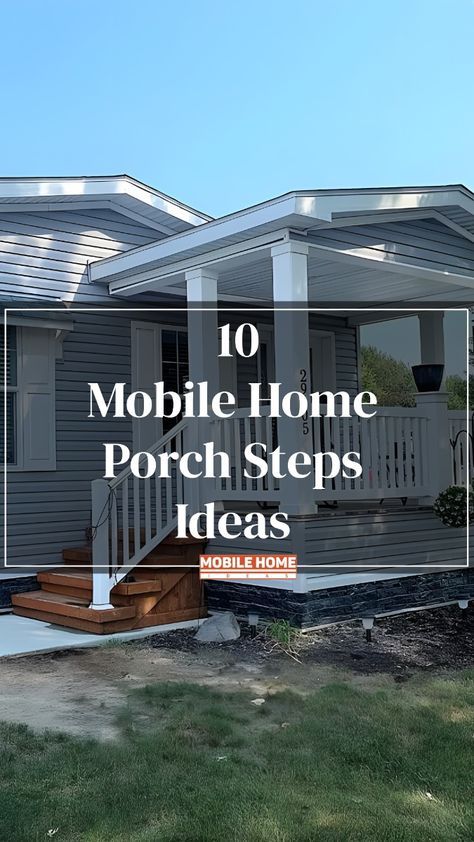 Check out these 10 mobile home porch step ideas for some serious curb appeal inspiration! From modern to rustic, these designs will take your porch to the next level. Get ready to elevate your home's entrance! Diy Small Front Porch Ideas Decks Mobile Homes, Front Porch On Mobile Home, Porch Step Ideas, Front Porch Steps Ideas Entrance, Stairs For Mobile Home, Mobile Home Curb Appeal, Manufactured Home Porch Ideas, Double Wide Front Porch Ideas, Porch Steps Ideas