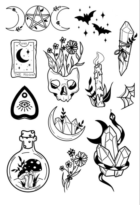 Spiritual Flash Tattoo, Witchy Line Drawings, Alternative Patchwork Tattoos, Witchy Arm Tattoos For Women, Whichy Vibes Tattoo, Gothic Small Tattoos, 1 Hour Tattoo Ideas, Shin Sleeve Tattoo, Witchy Traditional Tattoo