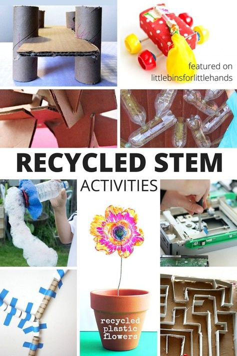 Recycled STEM activities and challenges for kids. Check out the recycling bin and even trash bin for great items to put together recycled STEM challenges. All kids can have the chance to try STEM activities with these recycled STEM challenges. Awesome for Earth Day too. Kindergarten and grade school age kids. Recycling Lessons, Summer Stem Activities, Vetenskapliga Experiment, Kids Stem Activities, Stem Challenge, Recycling For Kids, Summer Stem, Kid Science, Recycling Activities