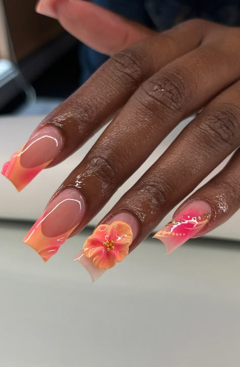 Cruise Nails Square, Summer Acrylic Nails Colorful, Nail Ideas Acrylic Orange, Short Hawaiian Flower Nails, Nail 3d Flowers, Caribbean Nail Designs, Dominican Republic Nail Designs, Pink And Orange Floral Nails, Acrylic Nails For Hawaii