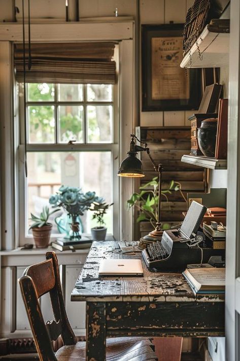 Country Cottage Office Ideas, Herbalist Office Ideas, Small Writing Desk Ideas, Vintage Cottage Office, Rustic Office Interior Design, Small Cozy Home Office Ideas, French Farmhouse Office, Dark Wood Desk Aesthetic, Mini Office Ideas Workspaces