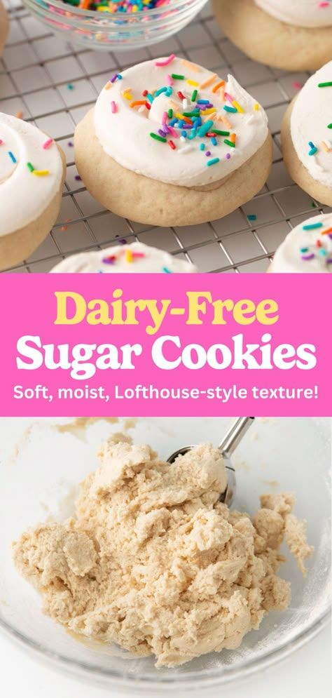 Soft, moist, and fluffy dairy-free sugar cookies that taste just like traditional cookies! With a vanilla almond buttercream, these are perfect for decorating as Christmas cookies or any special occasion! Dairy Free Soy Free Snacks, Dairy And Soy Free Cookies, Dairy Free Cookie Icing, Sugar Cookie Recipe Dairy Free, Sugar Cookies Dairy Free, Diary Free Cookies, Dairy Free Sugar Cookie Icing, Dairy Free Cutout Cookies, Dairy Free Cookie Frosting