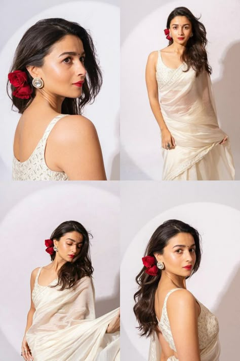 Alia Bhatt Hairstyles Wedding, Saree And Gajra Look, Short Hairstyle With Lehenga, Hair Bun Indian Style, Hairstyles On Black Dress, Wedding Hairstyles Indian Short Hair, Hairstyles On White Lehenga, Aesthetic Saree Hairstyles, Short Hair Hairstyles With Saree