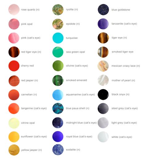 Gemstone Color Chart - All gemstones are either natural, semi-precious stones or handmade glass stones. Natural gemstones have an (n) next to their names Gemstone Color Chart, Gem Setting, Marbles Images, Leather Dog Collar Custom, Flower Tiara, Jewel Colors, Cats Eye Stone, Leather Dog Collar, Blue Goldstone