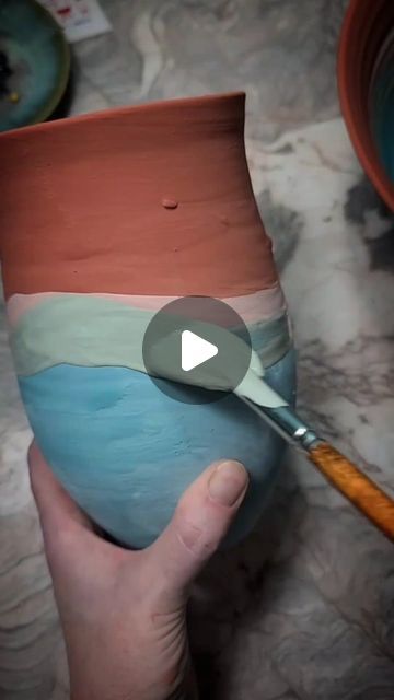 Ceramics Videos on Instagram: "Glazing ceramic painting vase by @kelseyceramics" Glazed Vases Ceramic Pottery, Pottery Vase Ideas Design, Ceramic Paint Techniques, Layering Glazes Pottery, Pottery Coloring Ideas, Pottery Glaze Designs, Clay Vase Painting Ideas, Ceramic Glaze Techniques, Glazing Ideas For Pottery