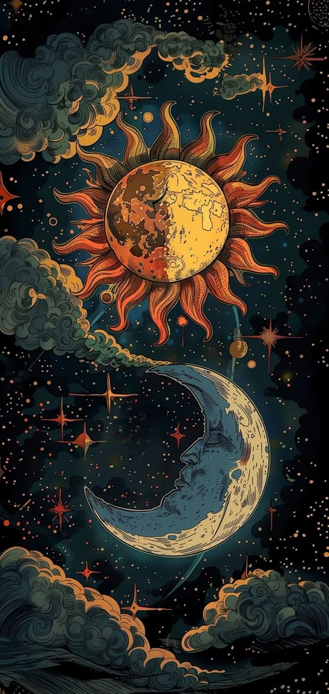 Sun Moon Wallpaper Aesthetic, The Sun And The Moon Aesthetic, Art Phone Backgrounds, Moon And Sun Wallpaper Aesthetic, Celestial Laptop Wallpaper, Aesthetic Iphone Wallpaper High Quality, Solar System Wallpaper Aesthetic, Cosmic Wallpaper Aesthetic, Whimsical Aesthetic Wallpaper