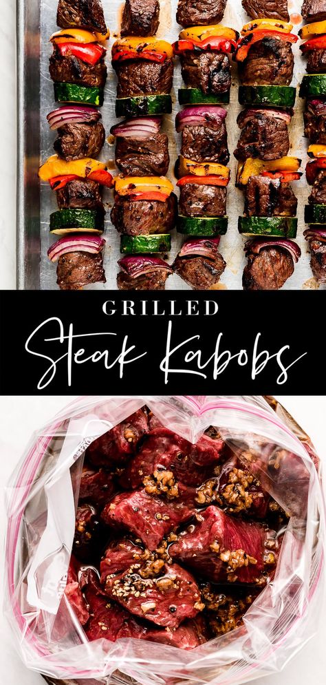 Steak Kabobs are an easy, healthy, and delicious entrée the whole family will love! Tender and juicy sirloin steak is marinated in a flavorful garlic marinade and threaded on skewers with crisp garden vegetables. Steak Marinade For Kebobs, Best Beef For Kabobs, Shrimp Steak Kabobs, Marinated Steak Skewers, Sirloin Beef Steak Recipes, Keto Steak Kabobs, Smoked Shish Kabobs, Meat For Grilling, Best Grill Meals