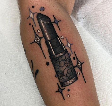 Mac Lipstick Tattoo, Traditional Remembrance Tattoo, Black Lipstick Tattoo, Makeup Lover Tattoo, Vintage Makeup Tattoo, Tube Of Lipstick Tattoo, Makeup Compact Tattoo, Lipstick Tattoo Designs, Rainbow Tattoo Traditional