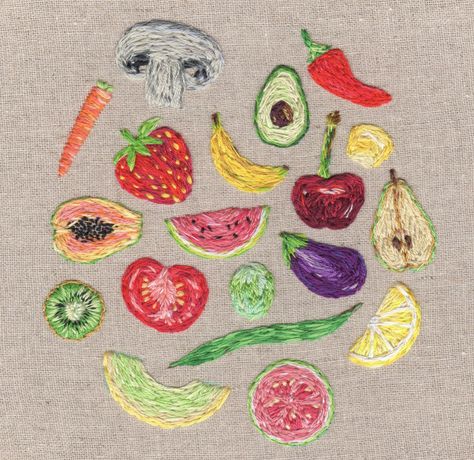 embroidered produce Fruit And Vegetable Embroidery, Patchwork Moodboard, Hand Embroidery Fruit, Embroidery Hoop Ideas, Fruits Embroidery, Embroidery Fruit, Food Embroidery, Embroidered Fruit, Fruit Embroidery