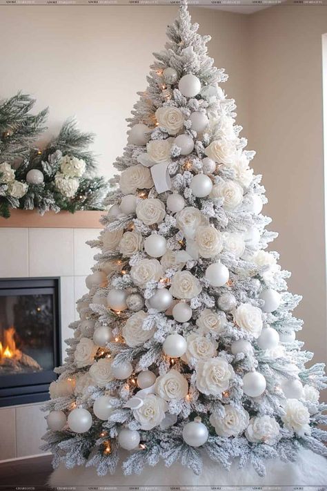 Snow Flocked Fir Christmas Tree Review & Decoration Ideas - Adore Charlotte White Snow Tree Decor, Christmas Tree Ideas Snowflakes, Christmas Tree Ideas With Snow, Frosty Christmas Tree, Winter Wonderland Tree Christmas, Snow Flocked Christmas Tree Decor, Small White Christmas Tree Ideas, Snowy Christmas Tree Ideas, Snow Christmas Tree Ideas