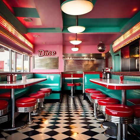 Old School Diner Aesthetic, 1960s Diner Aesthetic, 50s Coffee Shop, Diner Restaurant Design, 80s Coffee Shop, Retro Cafe Aesthetic, 70s Diner Aesthetic, 60s Diner Aesthetic, 50’s Diner