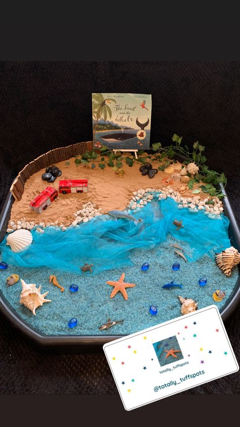 Snail On The Whale Activities, Sea Themed Tuff Tray, World Book Day Tuff Tray, The Snail And The Whale Activities Eyfs, Ocean Tuff Tray, World Ocean Day Activities For Kids, Snail And The Whale Activities, Whale Activities For Kids, Sea Tuff Tray