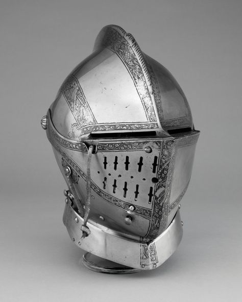 Southern German, probably Landshut    Close Helmet for the Tourney, 1560    Steel with gilding  H. 25.4 cm (10 in.)    George F. Harding Collection, 1982.2483 Historical Helmets, Armored Helmet, Minecraft Movie, Medieval Helmet, Knight Drawing, Armadura Cosplay, Armor Reference, Armor Helmet, Knight Helmet