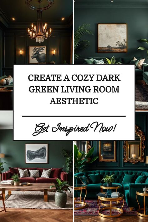 Dark green living room decor inspiration with cozy furniture and elegant accents. Green Couch Cowhide Rug, Green Sofa Green Walls Living Room, Rugs For Dark Green Walls, Bancha Green Living Room, Snug Room Ideas Green, Navy Blue And Dark Green Living Room, Green Couch Black Rug, Emerald Green Built Ins, Green Walls Green Couch