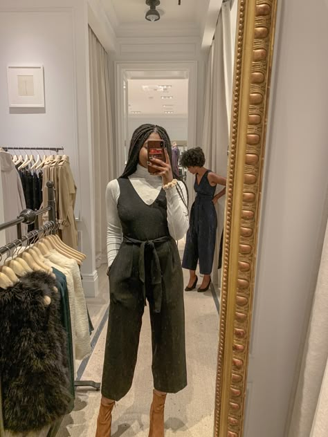 black jumpsuit - jumpsuit - turtleneck - Jumpsuit Over Turtleneck, Jumpsuits In Winter How To Wear, Jumpsuit Turtleneck Outfit, Overalls Professional Outfit, Jumpsuits In Winter, Cloth Jumpsuit Outfit, Teacher Outfits Jumpsuit, Jumpsuit With Turtleneck Outfit, Business Casual Layering