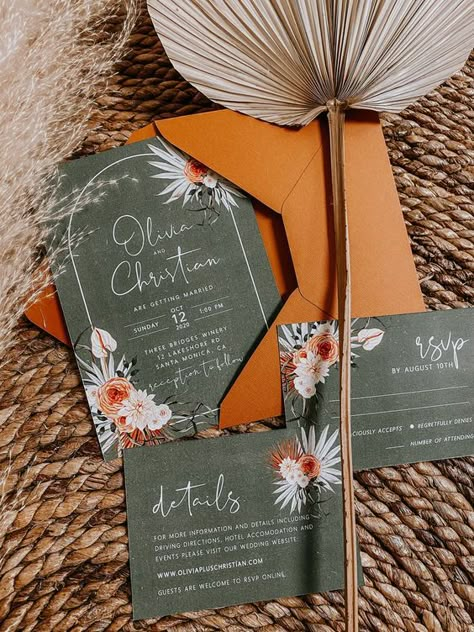 Burnt Orange and Olive Green for Burnt Orange Wedding Colors for 2024, Mismatched Burnt Orange and Olive Green Bridesmaid Dresses - ColorsBridesmaid Dried Greenery, Terracotta Flowers, Earth Tone Wedding, Afro Boho, Orange Wedding Colors, Orange Wedding Invitations, Font Background, Wedding Invitation Templates Rustic, Burnt Orange Wedding