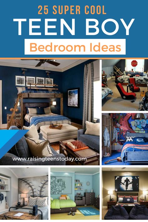 25 Super Cool Teenage Boy Bedroom Ideas! The best of the best of ideas and cool ideas all right here to give you the inspiration you're looking for! #teenbedrooms #teenbedroomdecor Teen Bunk Bed Rooms, Shelves For Boys Bedroom, Tennage Boy Room Design, Teen Boy Bedroom With Loft Bed, Cool Teen Boy Rooms, Teenage Room Decor Boy Bedroom Ideas, Preteen Boy Bedroom Design, Teen Boy Bedroom Paint Ideas, Big Boys Room Ideas