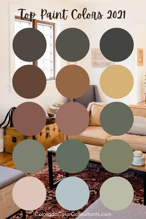 From pastels to moody soft blacks we're breaking down 2021's most popular paint colors. Come for the earth tones, stay for the pops of color. Dark Sage Green Bedroom Decor, Earth Tones Palette Paint Colors, Earth Tone Decorating, Earth Tone Wall Paint Colors, Earth Toned Paint Colors, Popular Furniture Colors 2022, Earth Tones And Black, Farmhouse Earth Tones, Muted Color Living Room