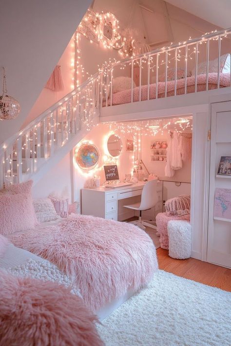 Pretty Girl Bedrooms Ideas, Room For Kids Girl, Aesthetic Bedroom Ideas Pink, 2 Floor Bedroom, Pink Teenage Girl Bedroom, Girl Small Bedroom Ideas, Small Room Design Bedroom Space Saving, Preppy Teen Room, Bedroom Ideas Preppy