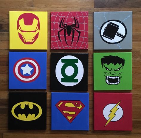 Superheroes Painting, Avenger Paintings Easy, Avenger Paintings, Superhero Painting Canvas Easy, Super Hero Paintings, Set Painting, Boys Painting Ideas, 4 Piece Canvas Art, 4 Paintings Set Ideas