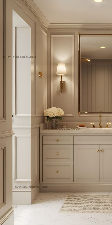 The cohesive look of the bathroom is achieved through careful selection of cabinet hardware and baseboards. Classic Contemporary Bathroom Design, Raised Panel Bathroom Cabinets, Dark Wood Powder Room, American Classic Bathroom Design, Elegant Traditional Bathroom, Bathroom Surround Ideas, Bathroom With Wall Paneling, Transitional Bathrooms Designs, Small Hotel Bathroom Ideas