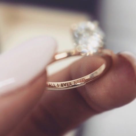 Create a unique engagement ring by engraving it with a special message like, "all I ever need." You can customize your wedding ring this way, too! Here are other engraving ideas and tips. // Photo: Bling Book by Loverly and Ring: National Jewel Creations Ring Engraving, Ring Selfie, Engraved Wedding Rings, Wedding Band Engraving, Engraved Engagement Ring, Ring Sling, Engraving Ideas, Princess Ring, Engraved Wedding