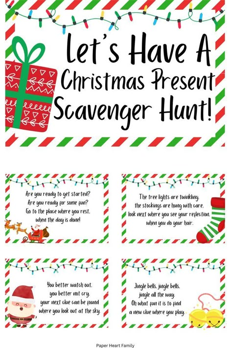 Christmas Day Scavenger Hunt For Kids, Advent Scavenger Hunt For Kids, Scavenger Hunt Clues Christmas, Disney Christmas Scavenger Hunt, Christmas Eve Scavenger Hunt For Kids, Christmas Present Hunt Clues, Gift Scavenger Hunt Ideas For Kids, Scavenger Hunt Christmas Clues, 12 Days Of Christmas Scavenger Hunt