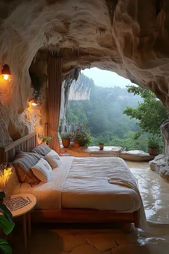 ↑↑↑ Larger size on website 🔸 A cozy cave bedroom with a wooden bed, plush pillows, and a side table. The cave entrance frames a b Cave Environment, Lush Green Forest, Cave Bedroom, Cave Room, Cave Entrance, Distant Mountains, Natural Stone Wall, Cave House, Cave Decor