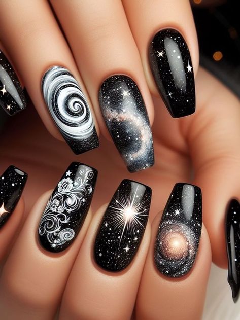 Astronaut Nail Art, Nail Moon Designs, Astronaut Nails, Horoscope Nails, Nail Galaxy, Black And White Nail Design, Space Nail Art, Celestial Nails, White Nail Design