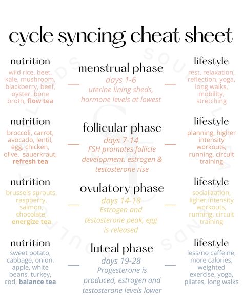 New to cycle syncing? 💫  We've got you covered 💞  Cycle syncing is an opportunity to understand the fluctuating nature of your cycle, and how to best support yourself during each phase 🌸  Some of the many benefits of cycle syncing include:  ✨ Your mood improves ✨ Your energy improves ✨ Your appetite and digestion get better ✨ Sleep quality goes up ✨ Your desire to socialize and get out there in the world increases  Click to get our free, printable cycle syncing food chart! Regulate Cycle Naturally, How To Sync Your Cycle, Menstrual Cycle And Sleep, Cycle Syncing Chart, Four Stages Of Menstrual Cycle, Phases Of Your Menstrual Cycle, Different Cycle Phases, Foods To Support Menstrual Cycle, Menstrual Cycle Explained